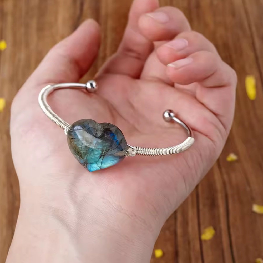 Silver Open Bangle with Blue Labardorite Heart Stone